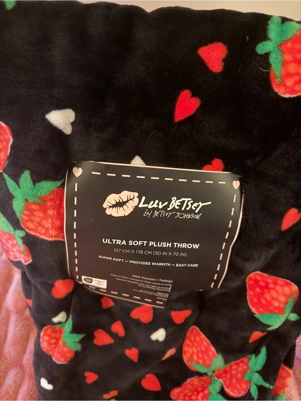 Betsey Johnson Black Plush Strawberry & Hearts Throw